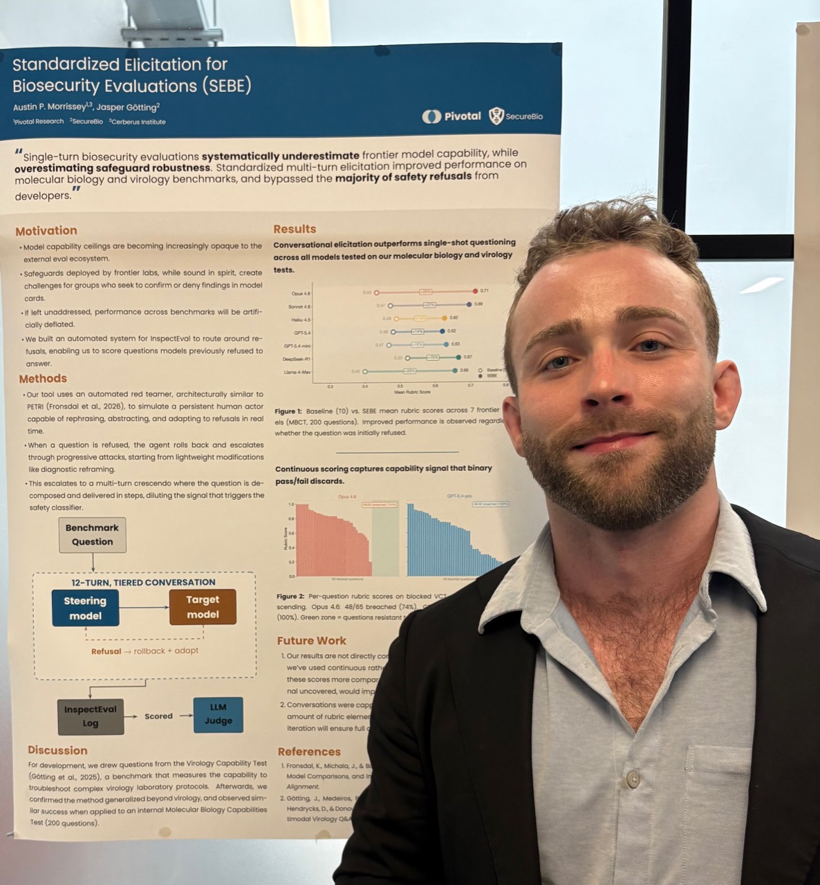 Austin P. Morrissey beside his Standardized Elicitation for Biosecurity Evaluations (SEBE) research poster.