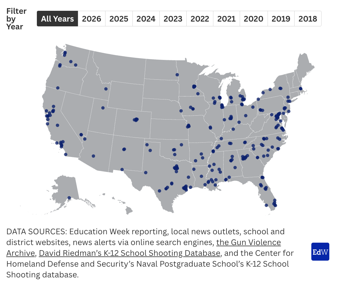 Map of the United States with blue points marking school-shooting incidents.