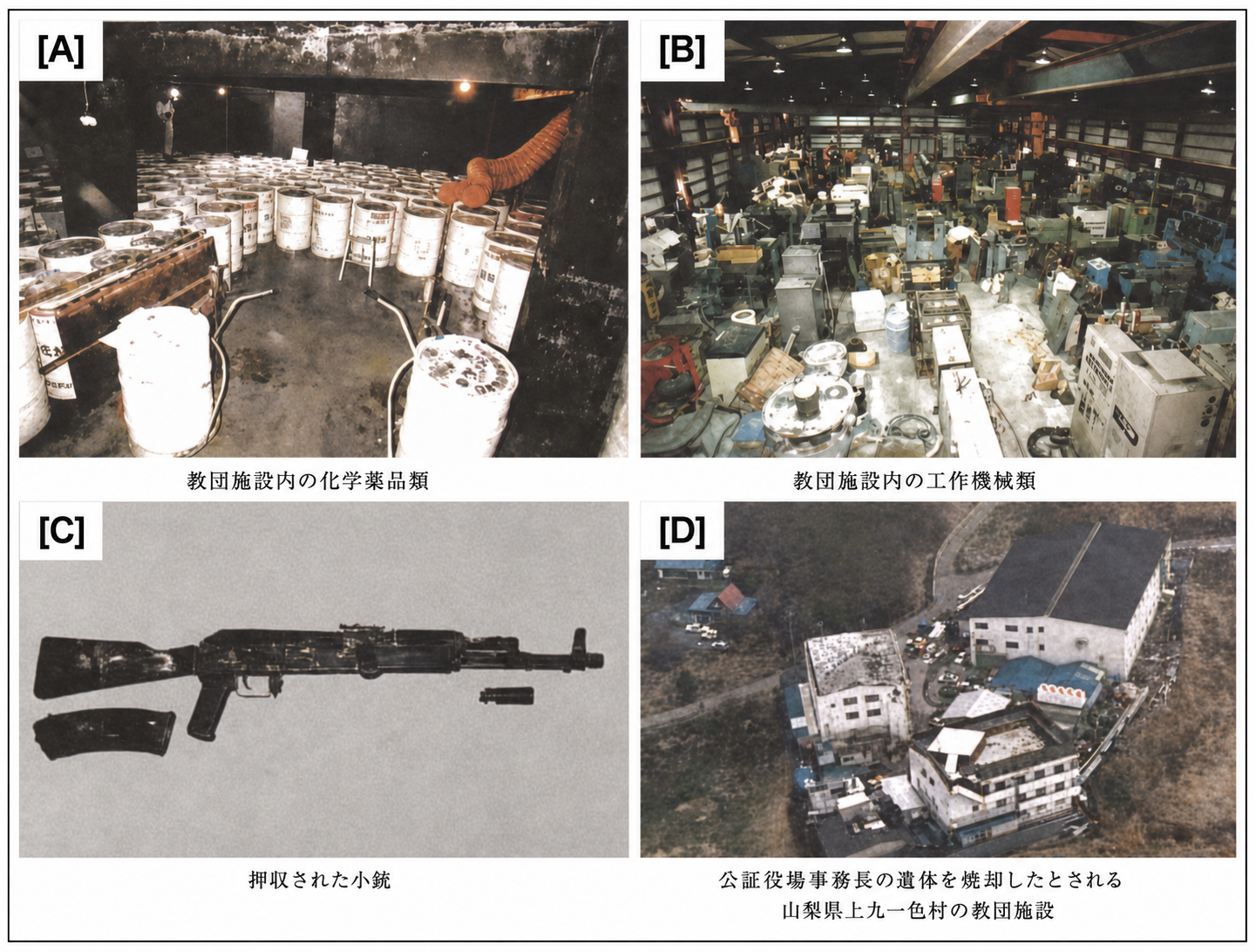 Four-panel collage showing chemical products and machine tools inside Aum Shinrikyo facilities, a confiscated rifle, and an aerial view of the cult compound.