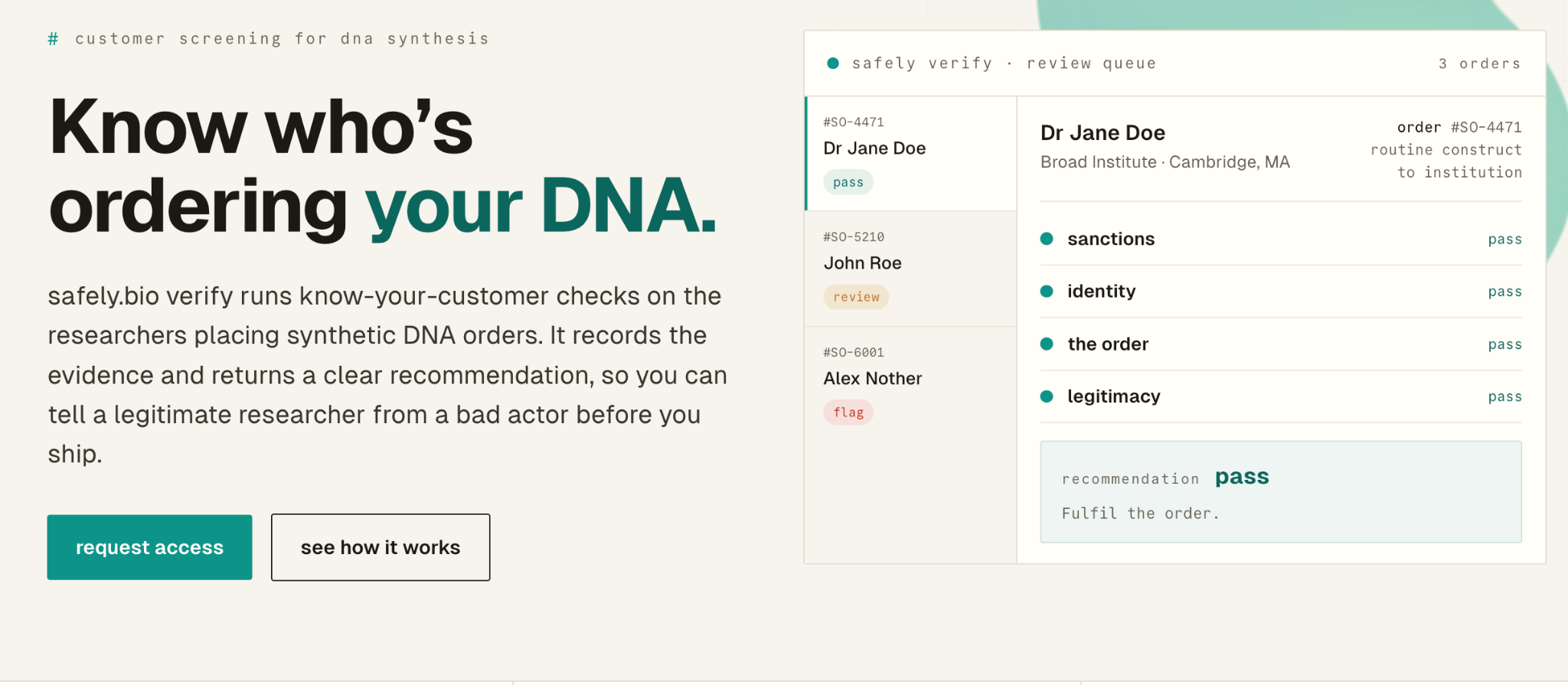 Screenshot of a DNA-order customer-screening interface showing verification checks and a pass result.