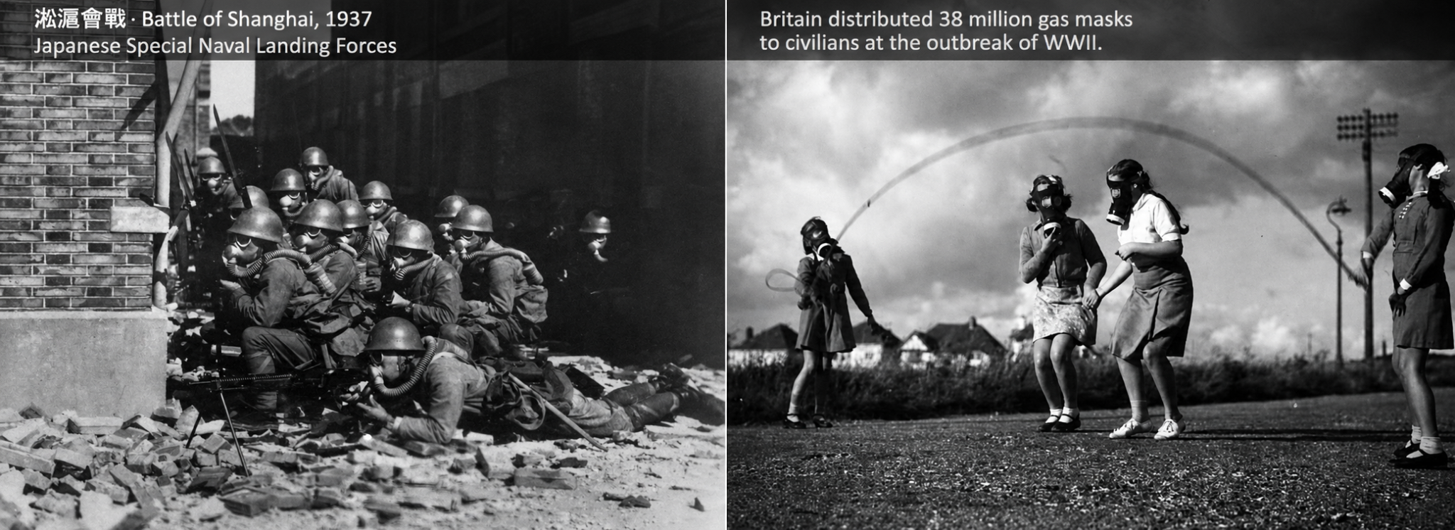Split black-and-white image of Japanese soldiers in gas masks during the 1937 Battle of Shanghai and British civilians wearing gas masks at the outset of World War II.